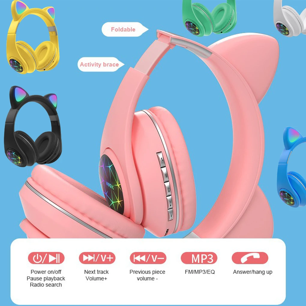 Headphone Wireless LED Light Gaming Headset Cartoon Ear Bluetooth-compatible 5 0 Gaming Earphone  Black