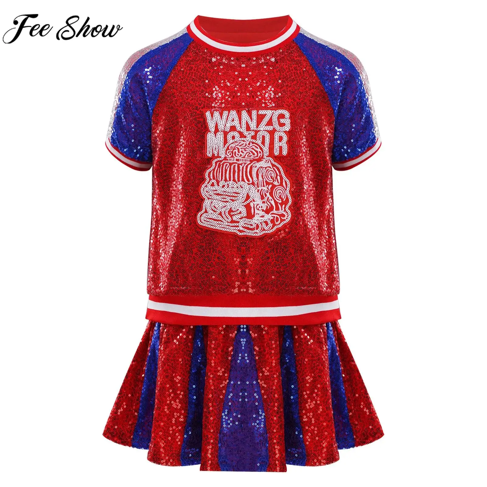 

Kids Girls Sequin Short Sleeve Tops with Skirt Shorts Dancewear Jazz Dance Cheerleading Costume for Sport Meeting School Party