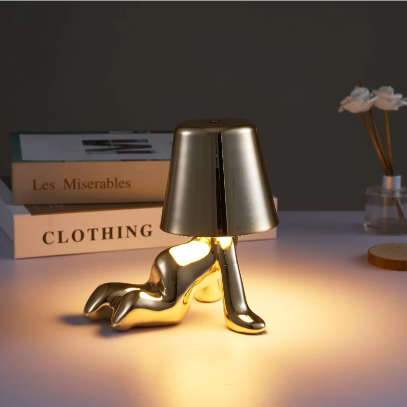 Nordic Thinker Lamp Little Golden Man Night Light Led Resin Decoration Table Lights for Coffee Bar Bedroom USB Cartoon Lighting