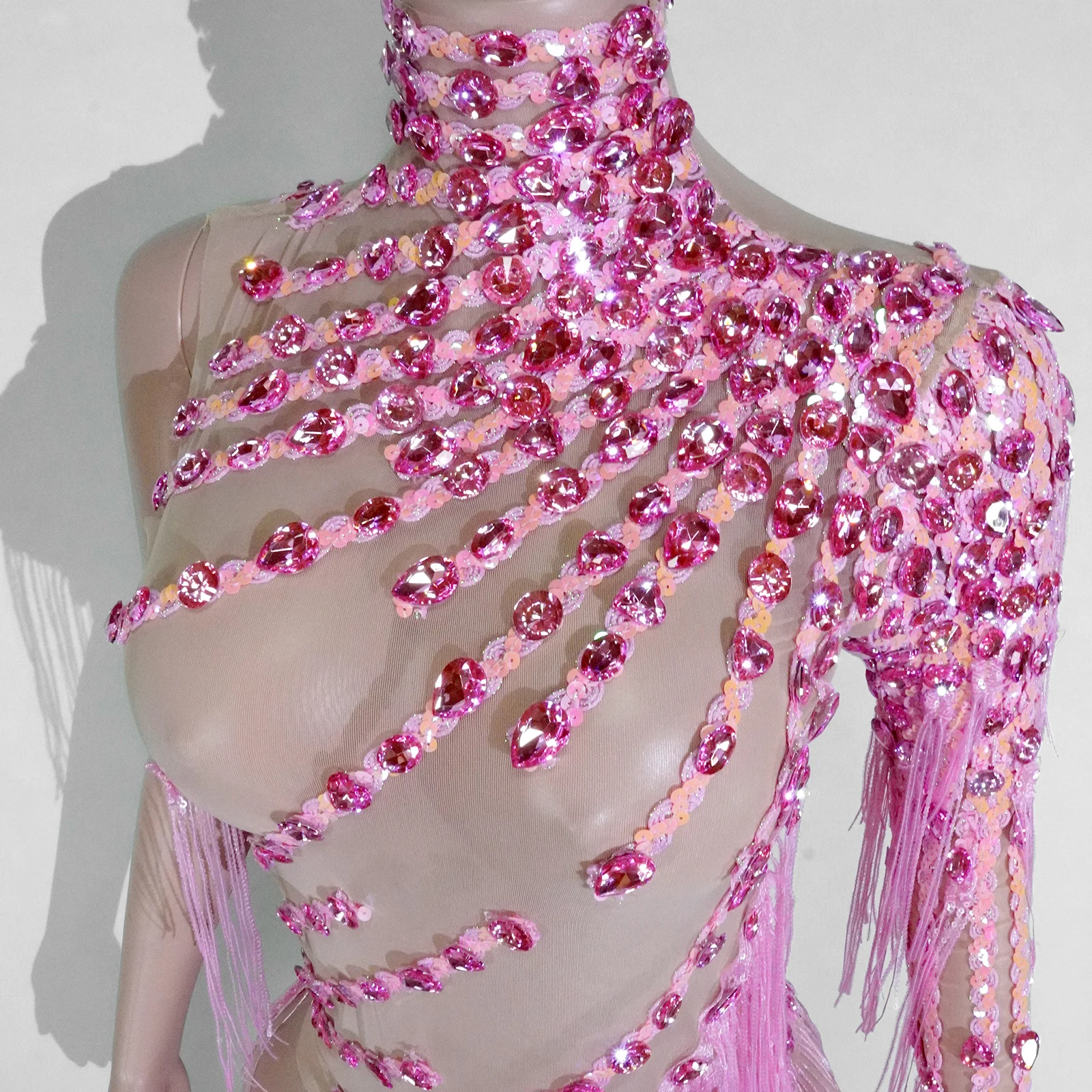 Sexy Mesh See-through Pink Rhinestones Fringe Dress Stage Latin Dance Singer Birthday Party Skirt Nightclub Drag Queen Outfit