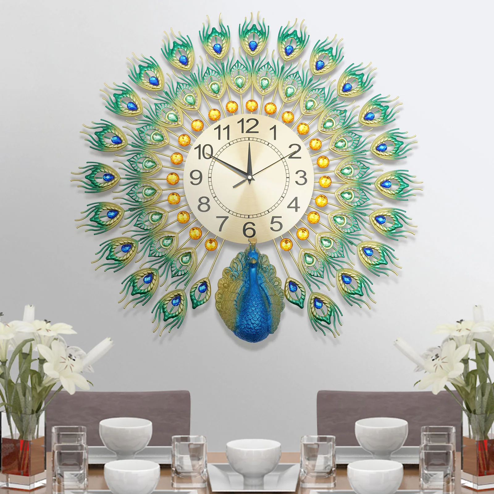 LOYALHEARTDY Metal Wall Clock Peacock Design Metal Clock Living Room Dining Room Wall Clock Decor Wall Clock 60*60cm