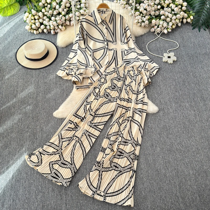 Fashion Elegant 2 Pieces Suit Women Design Sense Batwing Sleeve Shirt Tops + Loose Pleated Wide-leg Pants Female Clothes 2023