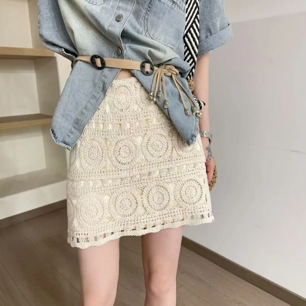 

2026 Summer New Crochet Hollowed High Waist Versatile Lace Skirt Age-reducing Skirt