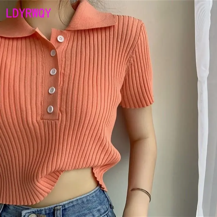 POLO Neck Knitted Short Sleeve T-shirt Women's Summer New Korean Edition Solid Color Versatile Slim Fit Short Open Navel Top