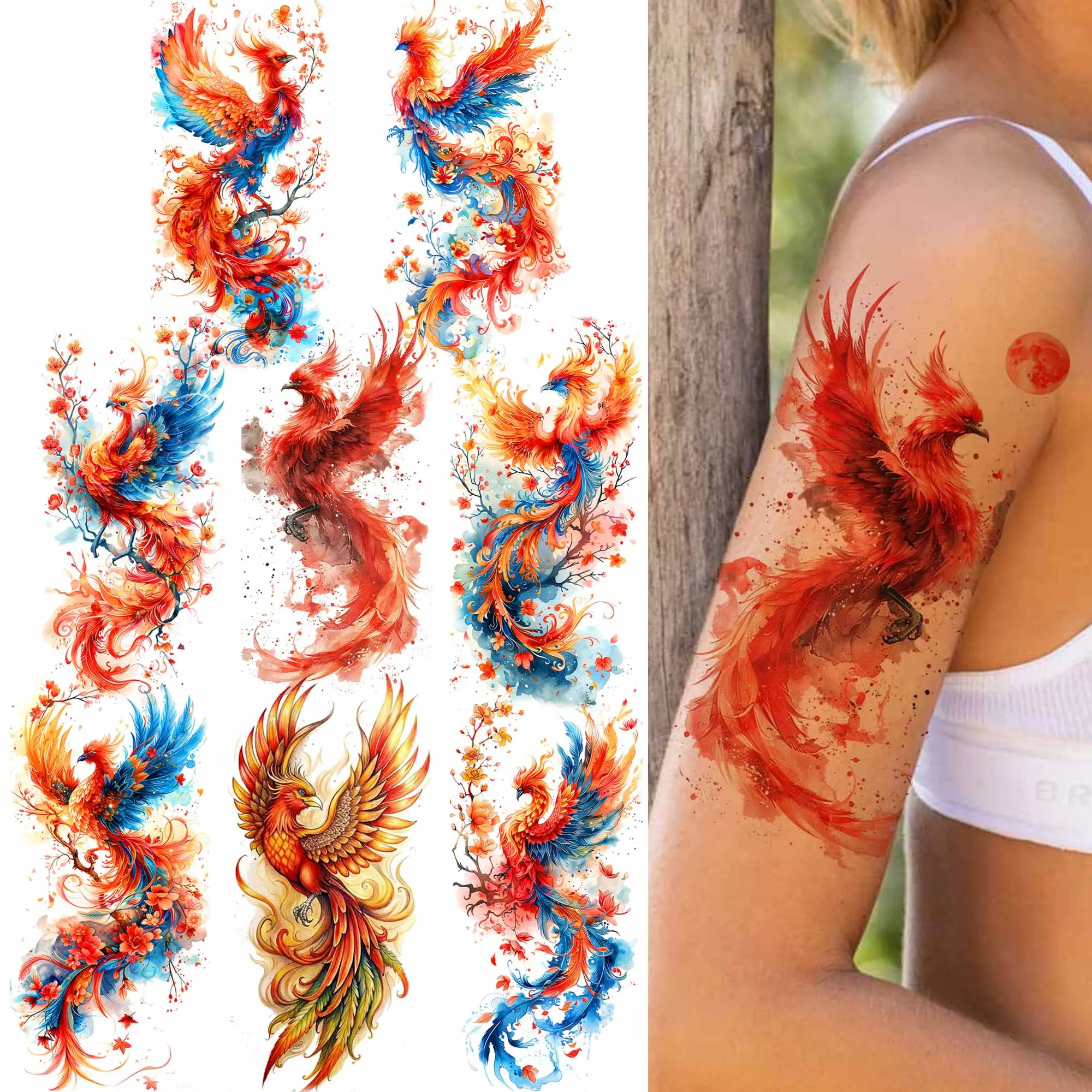 

1 лист Феникс акварельные временные татуировки для женщин мужчин взрослых перенос воды одноразовые поддельные татуировки рукав боди-арт рисунок