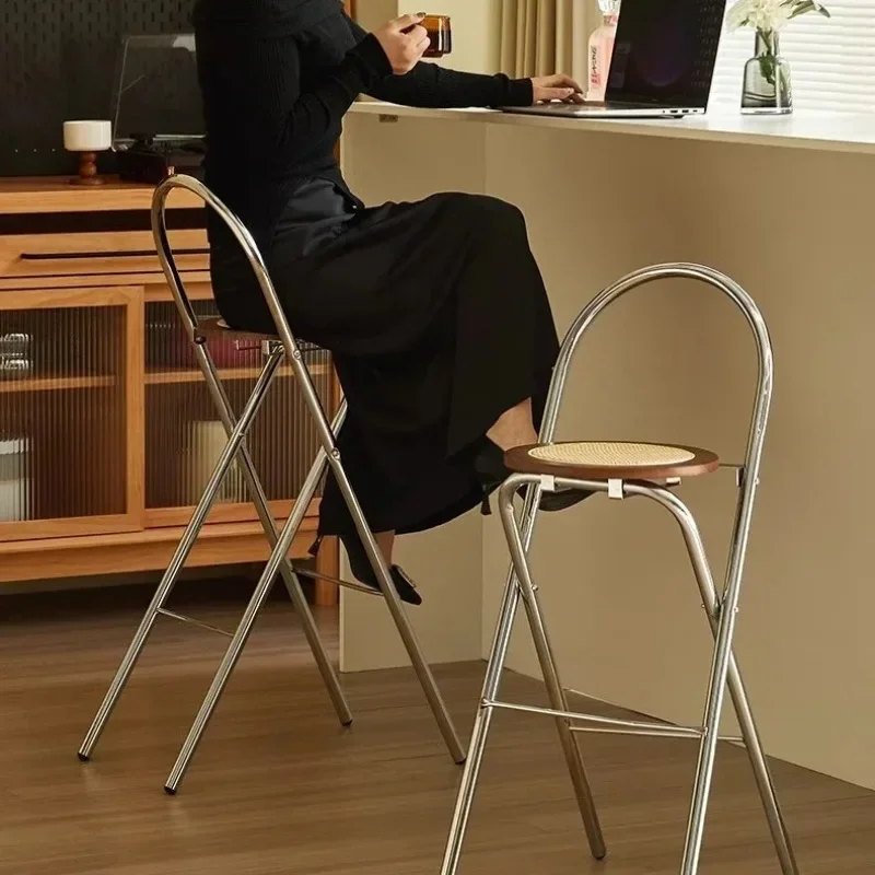 Creative Folding High Stool Comfortable Backrest Bar Stool Light Luxury Solid Wood Rattan Stackable Home Leisure Dining Chairs