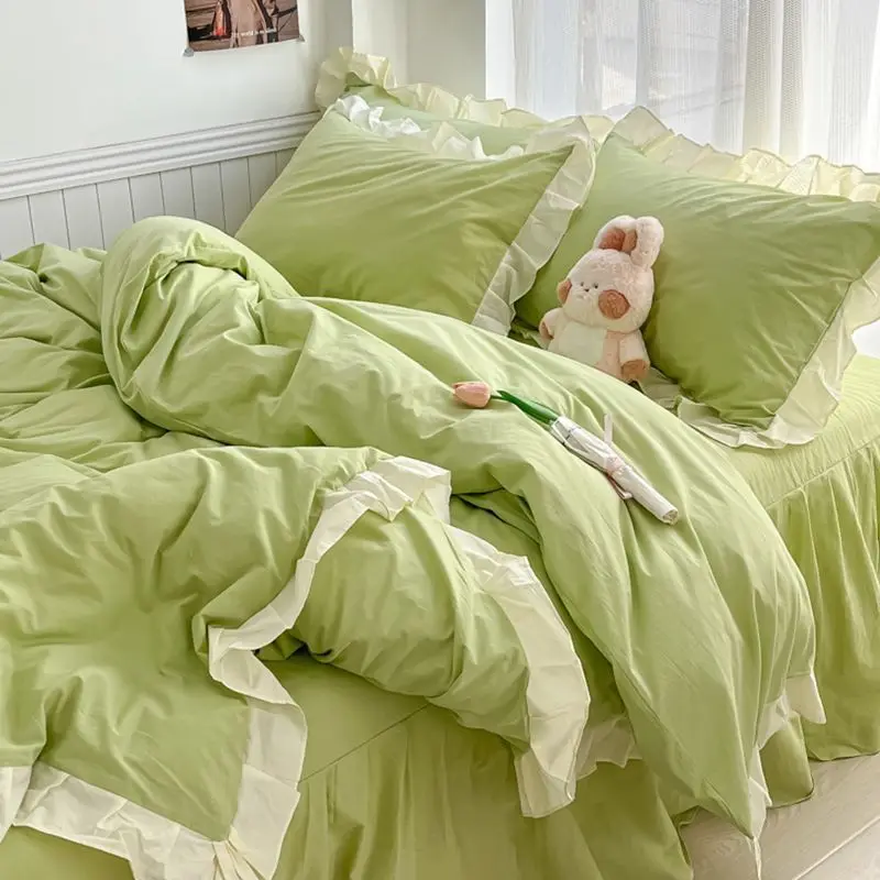 Summer Fresh Green Lace Four Piece Set For Girls Bedroom Washed Cotton Quilt Set Bed Sheet Guest Room Bed Decoration