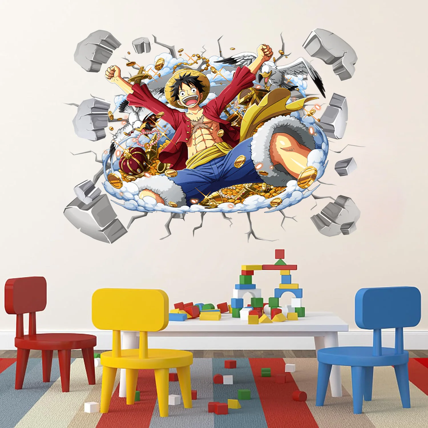 Cartoon One Piece Children's Room Wall Background Decoration Wallpaper Self-adhesive Cartoon Anime Wall Breaking Sticker Poster