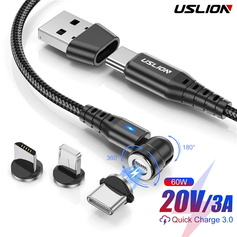 USLION 60W Fast Charging Magnetic Cable Quick Charge 4.0 Type C to Type C Cable PD USB 2 in 1 Data Charger Cable with Connecter