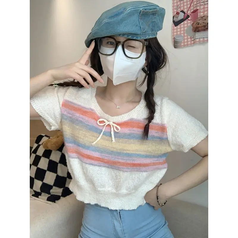 Women Summer Korean Sweet Slim Temperament Striped Lacing O-neck Short Sleeve T-Shirt Ladies Casual All-match Appear Thin Tops