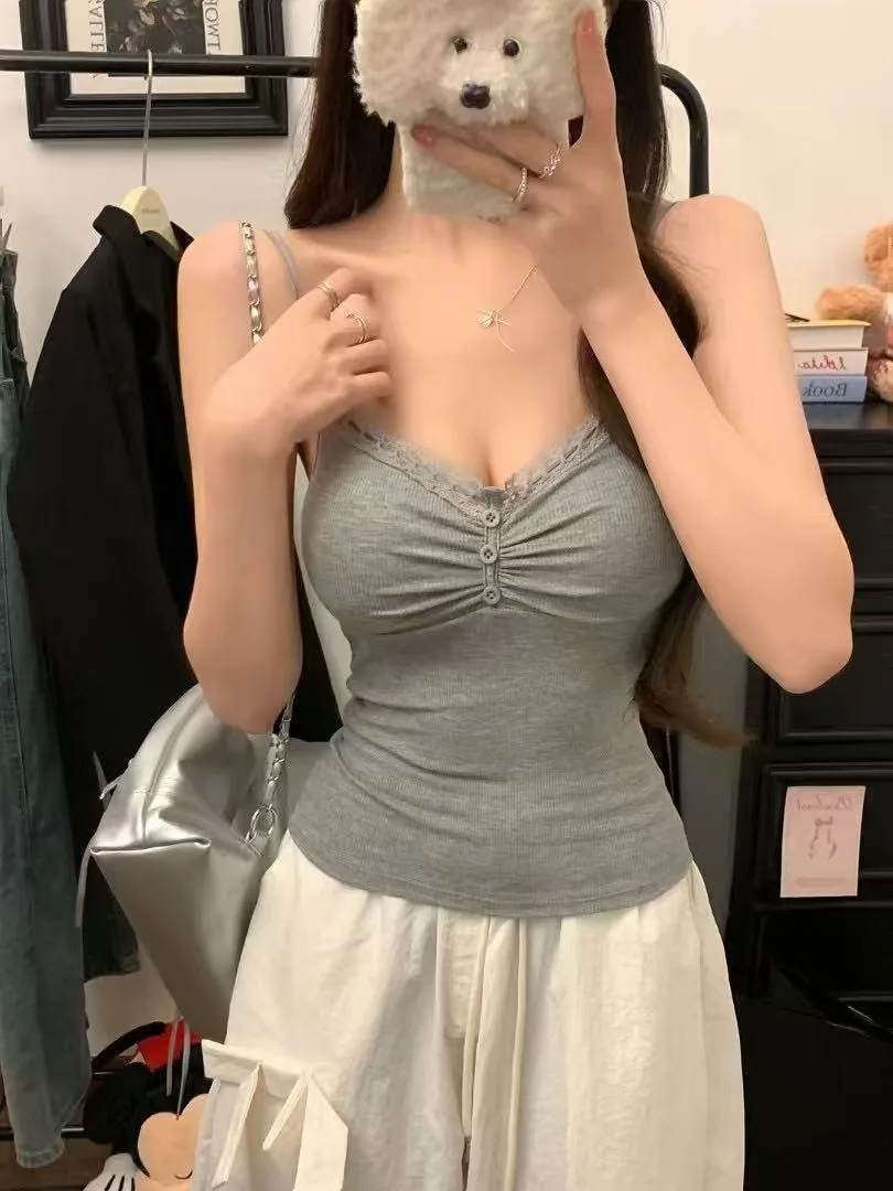 Sexy Lace Splice Strap Vest Women's Design with Chest Pad Pure Desire Sle Casual Wear Slimming Base Top Inner Wear