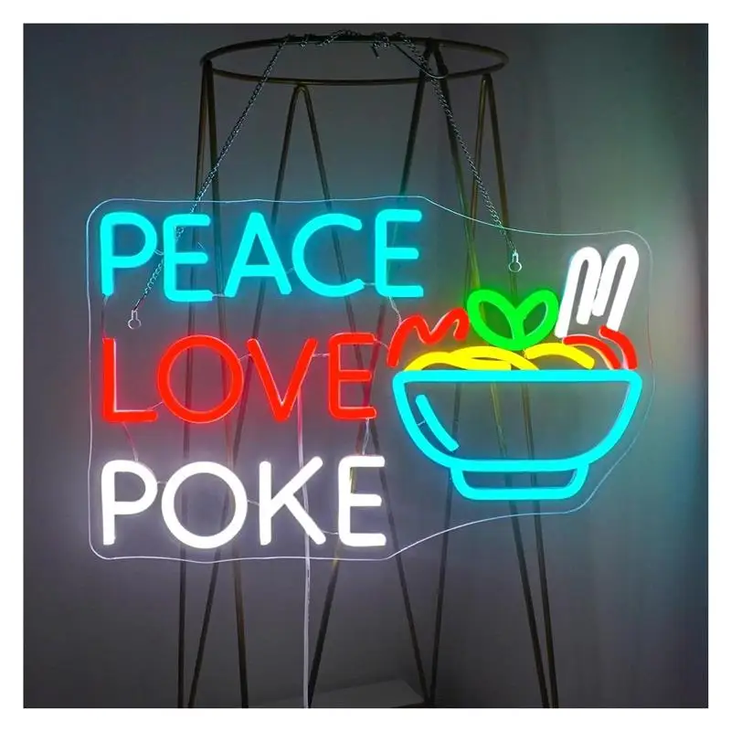 Letrero de neón "Peace Love Poke", decoración de pared para ramen, decoración de habitación para tienda de comida, restaurante, lámpara USB regulable de 28cm x 43cm