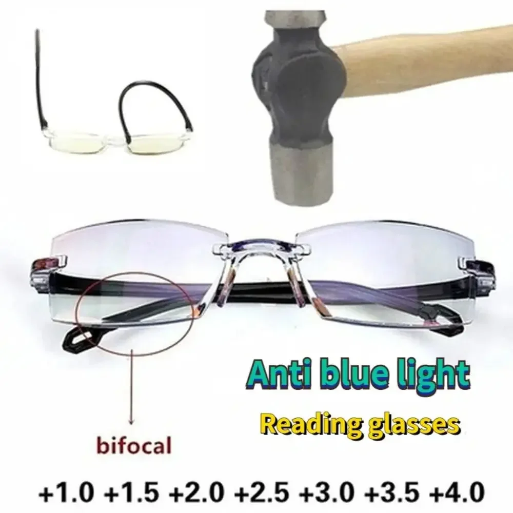 지능형 줌 안티 블루 라이트 독서 안경 Frameless Cutting Edge 노안 안경 남성 여성 노안 안경 +150 + 200