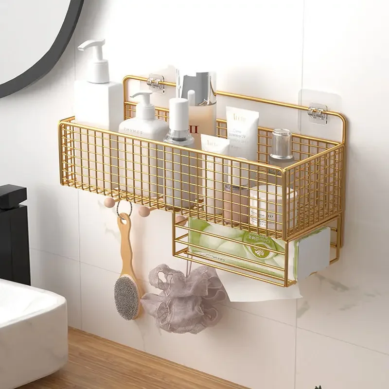 Home Golden Bathroom Shelf Punch-Free Wall Hanging Toilet Storage Rack Towel Bar Integrated Organize Storage Holder Hardware