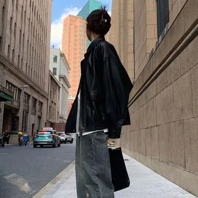 Frau Denim Jacken Herbst Neue Frauen Mantel Leder Pu Schwarz Drehen-unten Kragen Front Tasche Taste Damen Einfache reine Stil