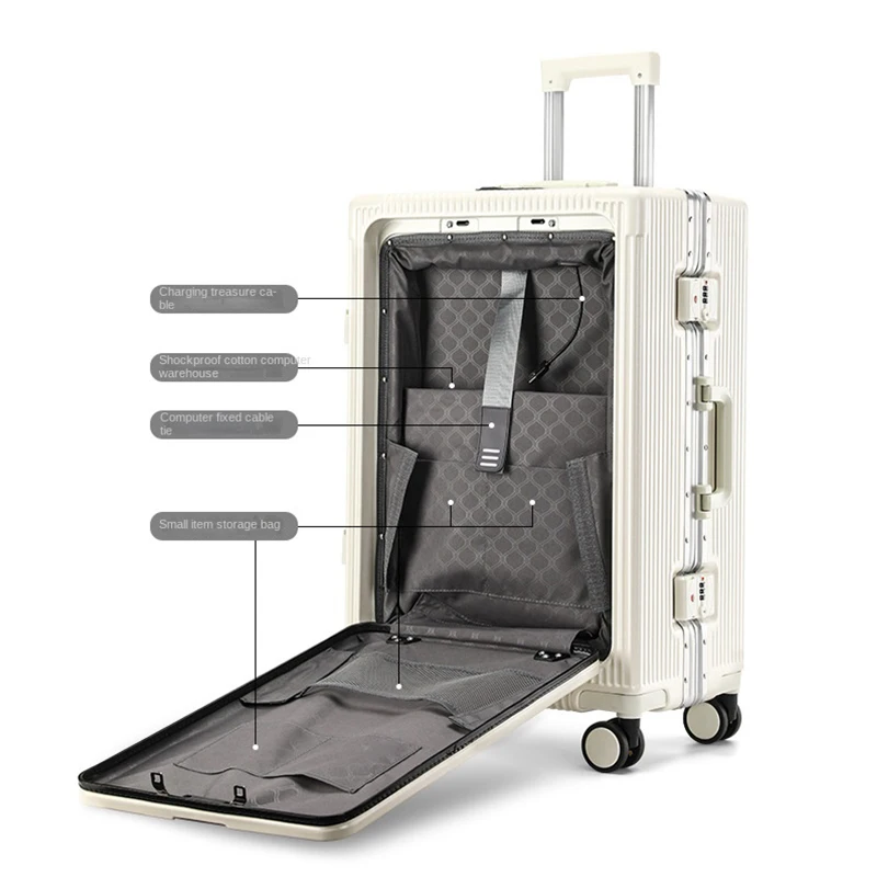 Porte-gobelet USB à ouverture frontale, cadre en aluminium, valise pour ordinateur portable, cabine de voyage, boîtier de chariot avec mot de passe de 20/24 pouces