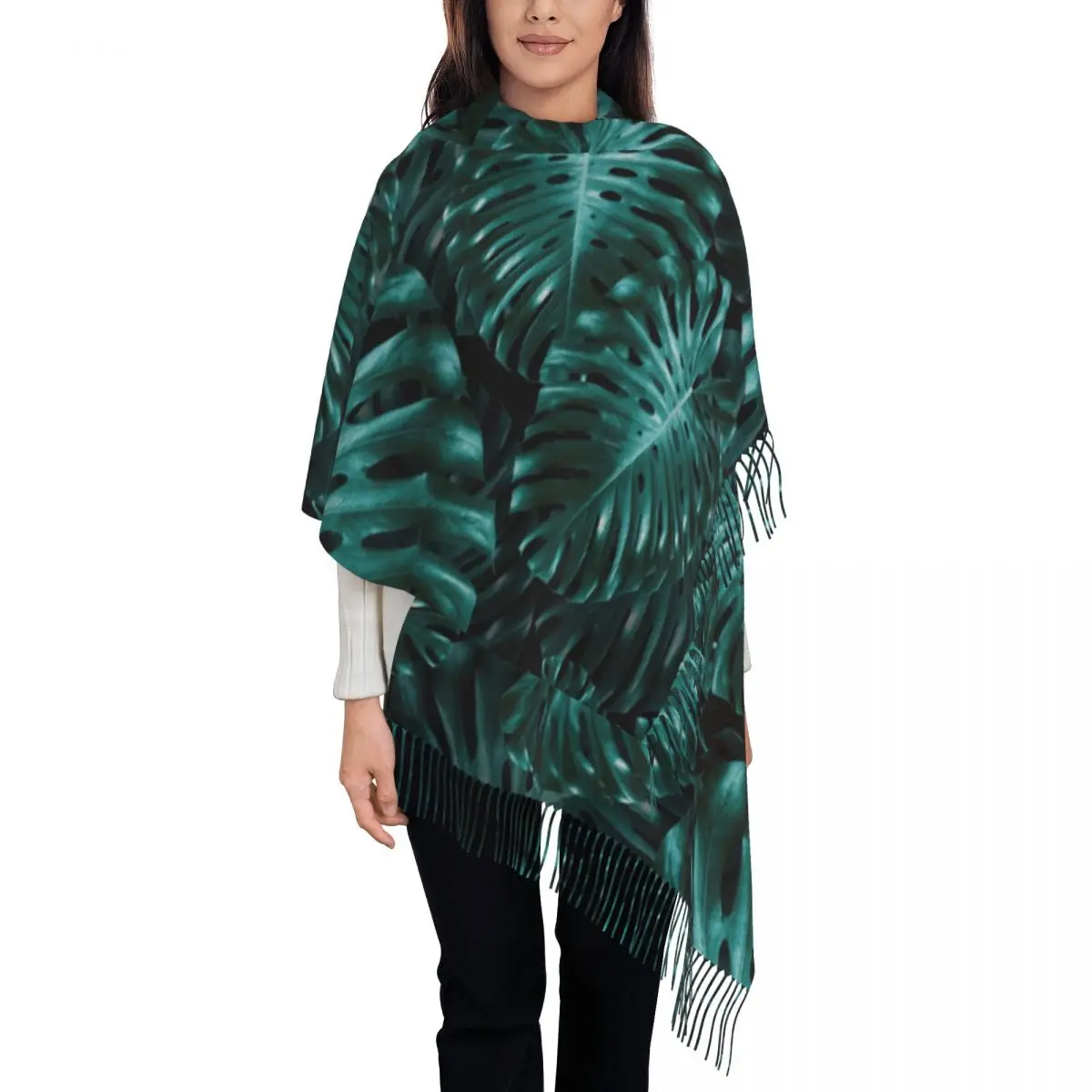 

Jungle Night Leaf Scarf Tropical Monstera Warm Soft Shawl Wrap with Tassel Unisex Casual Headwear Scarves Winter Graphic Foulard