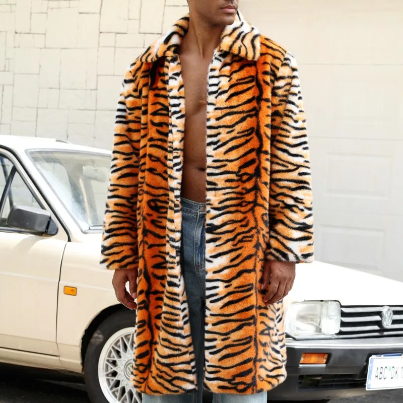 سترات شتوية سميكة ودافئة لعام 2025 معاطف طويلة من الفرو معاطف طويلة منفوشة ملابس خارجية للرجال سترة بنمط نمر من الفرو الصناعي
