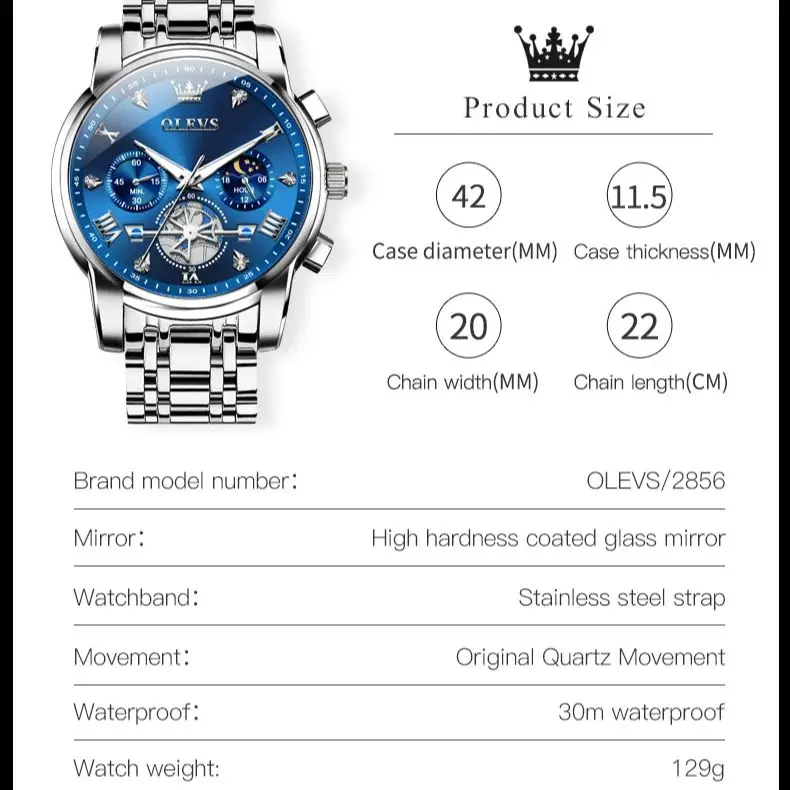 OLEVS 2856 Men\'s Quartz Watches Skeleton Flywheel Chronograph Classic Fashion TOP Brand watch for Men Moon phase Waterproof