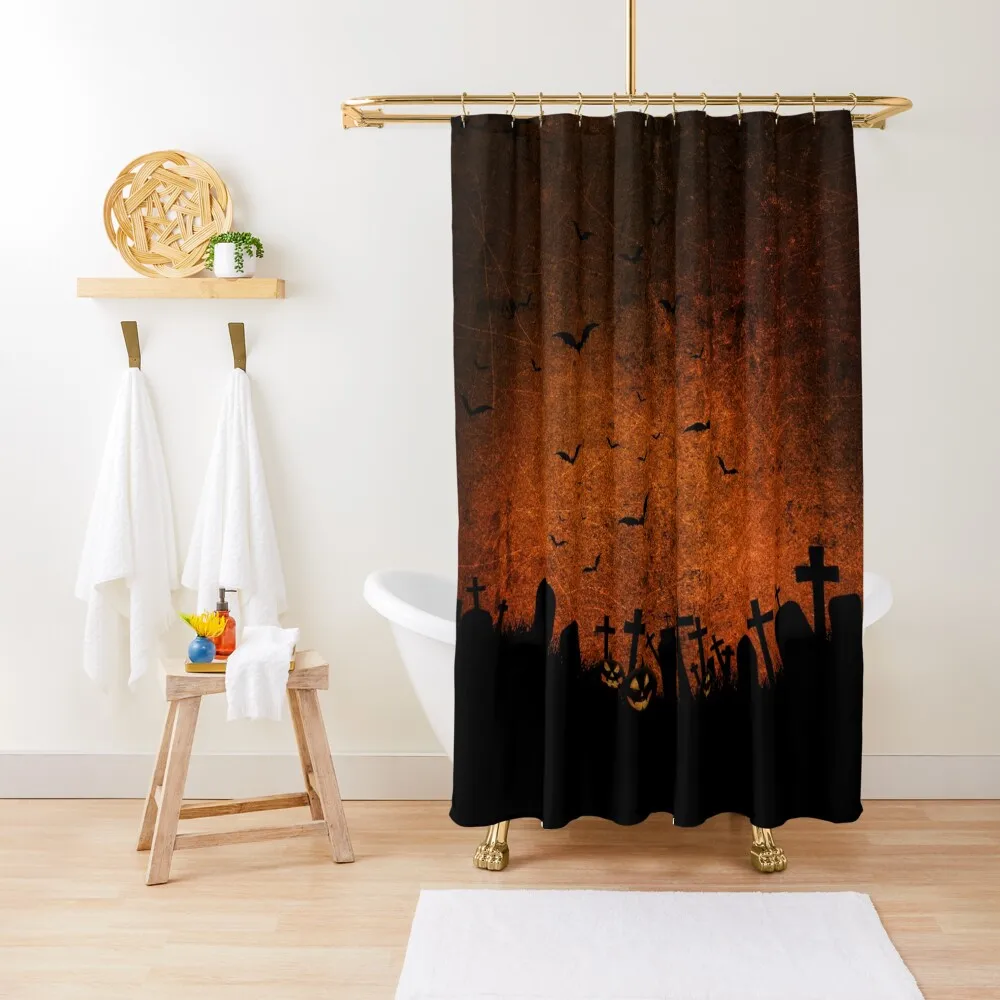 Creepy Grunge Orange and Black Halloween Graveyard Scene Shower Curtain Bathroom Deco For Bathroom Shower Curtain