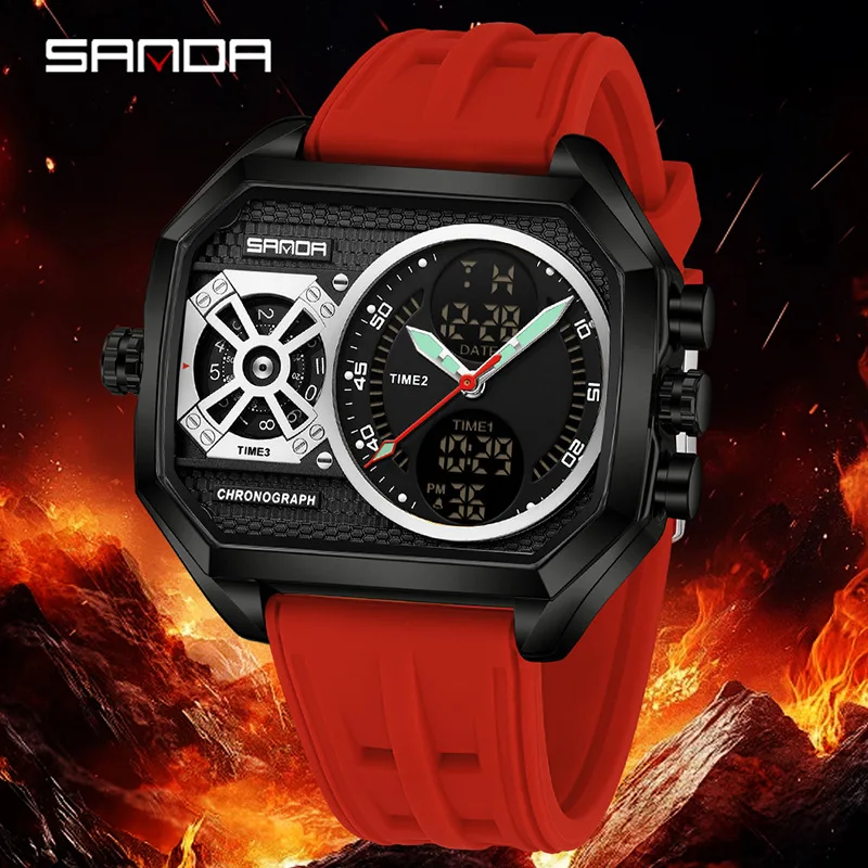 

Мужские электронные спортивные часы с тремя механизмами, 4 часовыми поясами и функцией обратного отсчета, водонепроницаемые, с большим светящимся циферблатом