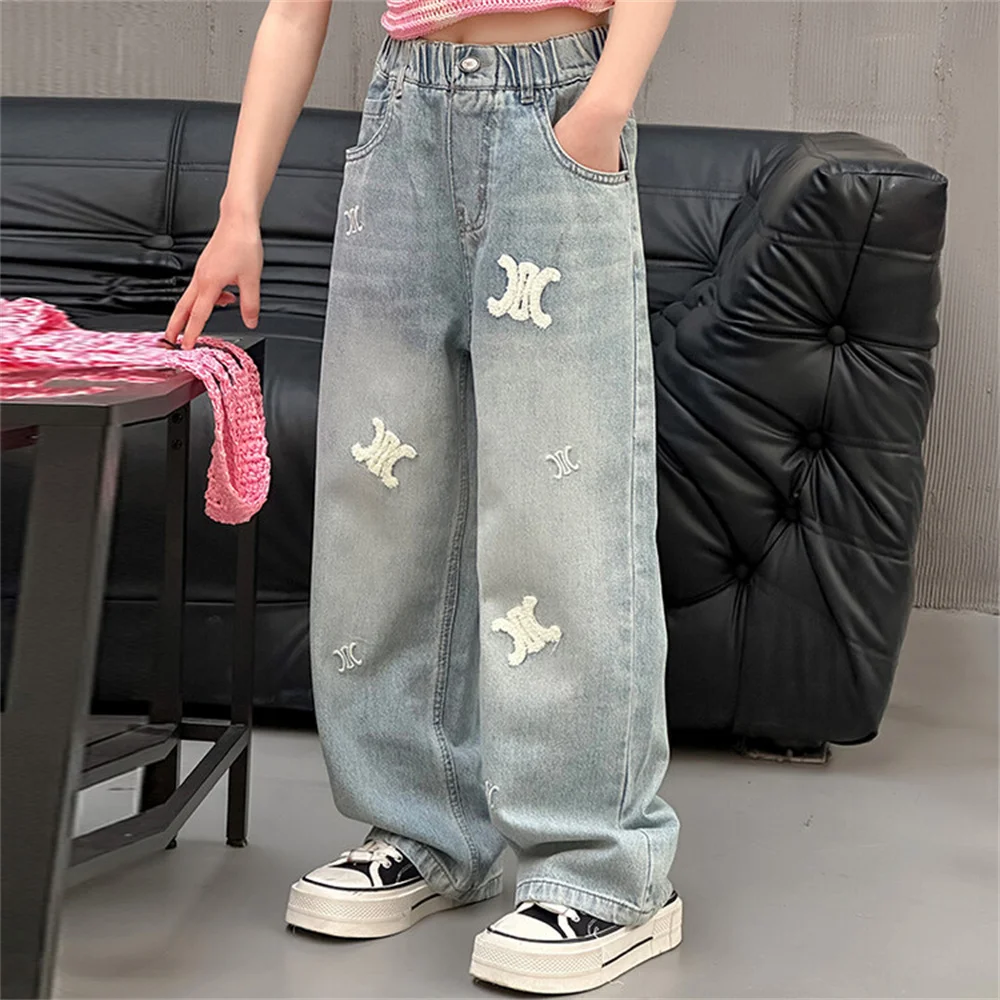 Jeans a gamba dritta per bambini alla moda ricamo asciugamano Jeans per ragazze pantaloni da papà per ragazze pantaloni Casual per bambini 006