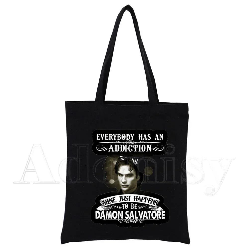 Damon Salvatore The Vampire Diaries Chronicles Vampiricas Canvas Bag Female Large-capacity Eco Environmental Shopper Bag Black