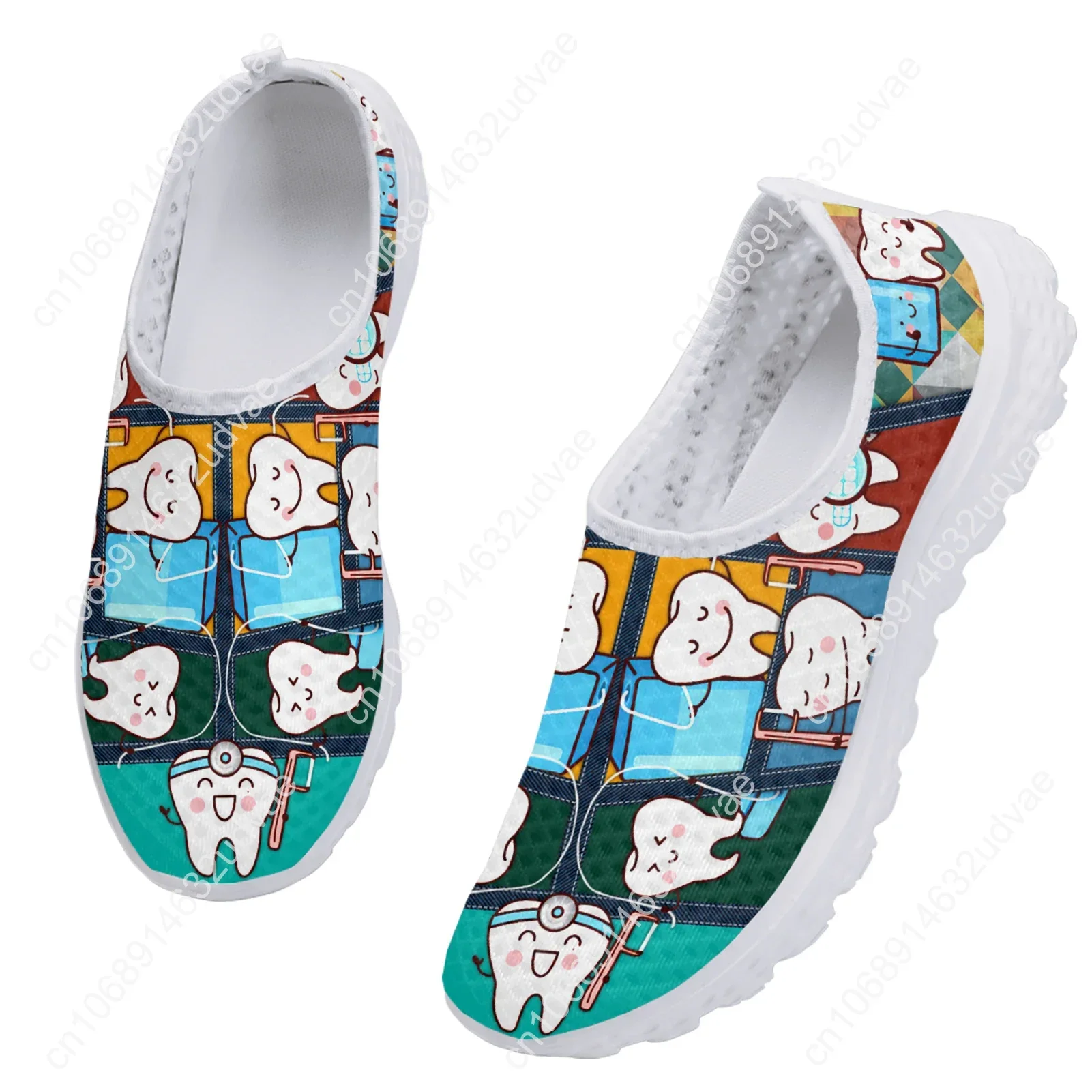 Funny Cartoon Teeth Print Women Summer Mesh Shoes White Soft Sole Brand Slip On Casual Sneakers Zapatos Planos