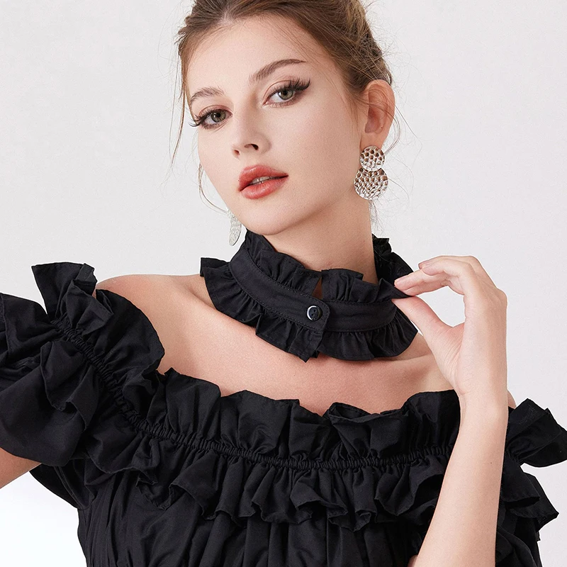 

Модный отстегивающийся воротник-стойка с рюшами и пуговицами для женщин, имитация воротника, аксессуары для рукавов и манжет