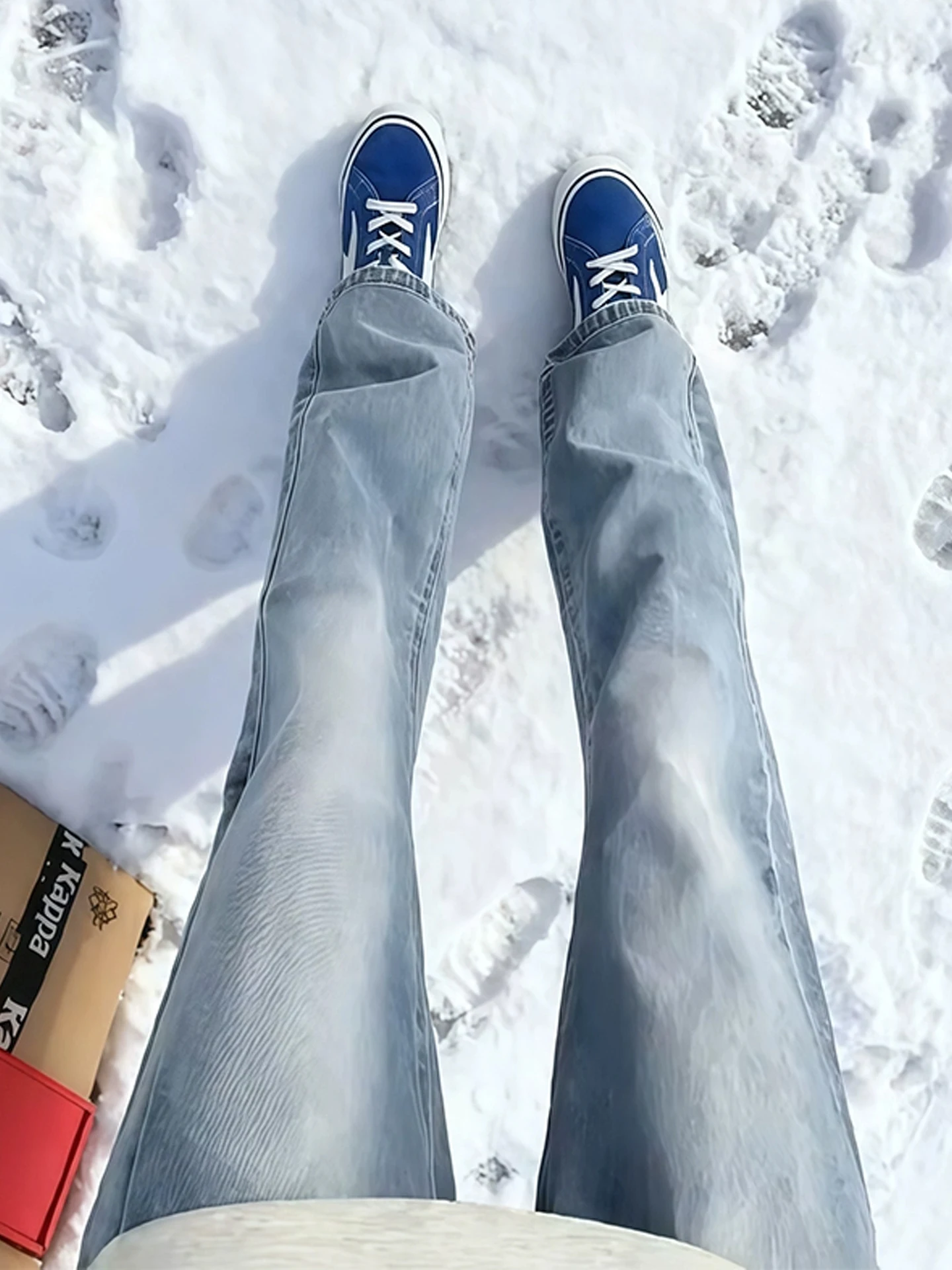 

Light Blue Men's High Waist Bell Bot Jeans Winter American High Street Straight Leg Pants Lengthening Effect Slim Fit