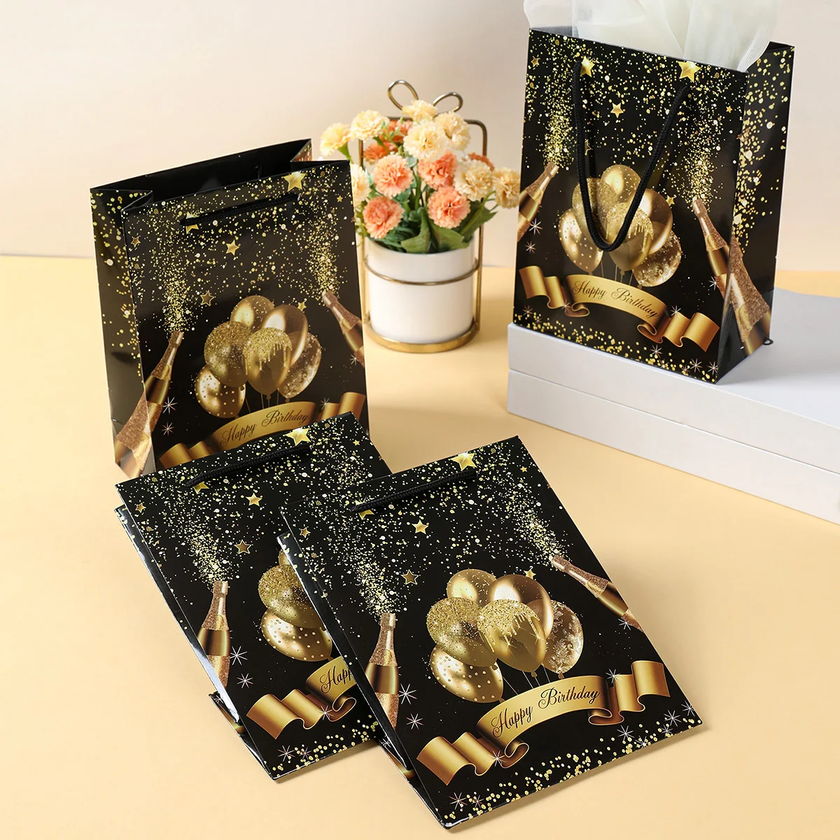 Black Gold Gift Bags Happy Birthday Candy Cookie Bags Birthday Party Decoration Adult Gold Glitter Birthday Packaging Gift Bags