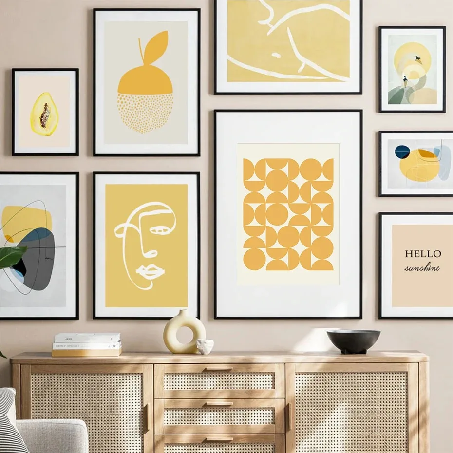 Trendy Abstract Geometric Graphic Designs Yellow Gallery Poster Canvas Print Paintings Wall Art Pictures Living Room Home Decor