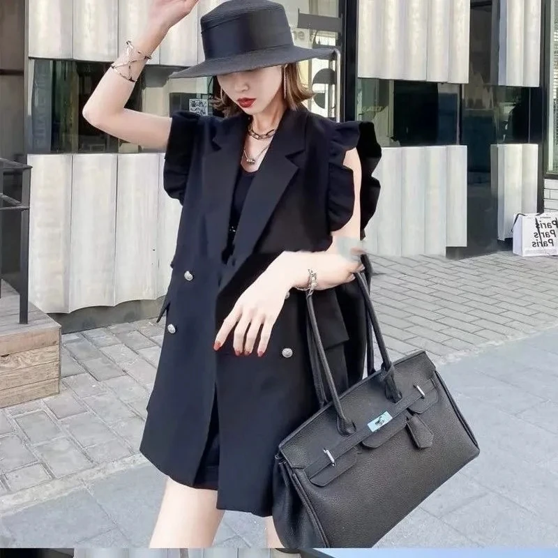 Suit Vest Women Fashion Ruffled Edge Design Vintage Casual Korean Sleeveless Jacket Loose Female Wild Solid 2023 Black Waistcoat