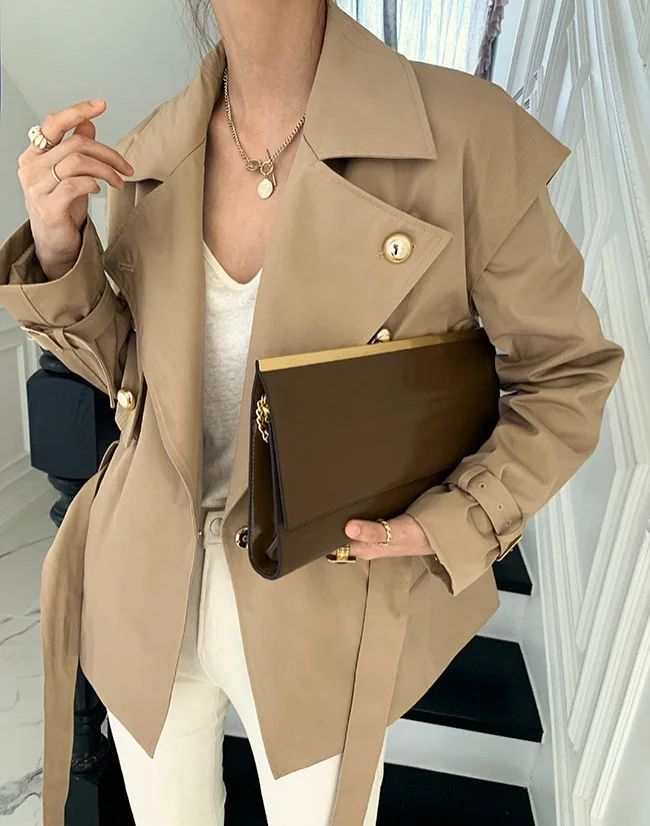 2colors Vintage Short Trend Loose Jacket Women Casual Long Sleeves Lace Up Lapel Commuter Jacket 2025 New Lady Streetwear(W11756