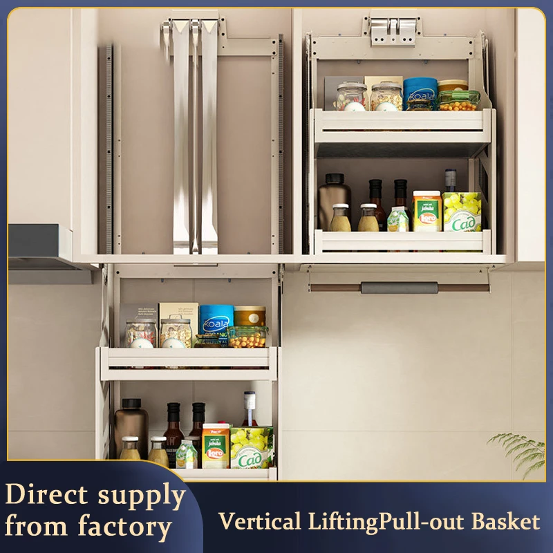 Kitchen Cabinet Pull Down Lift Up Basket Soft Close Seasoning Rack Storage Organizer With Durable Steel Frame And Buffer