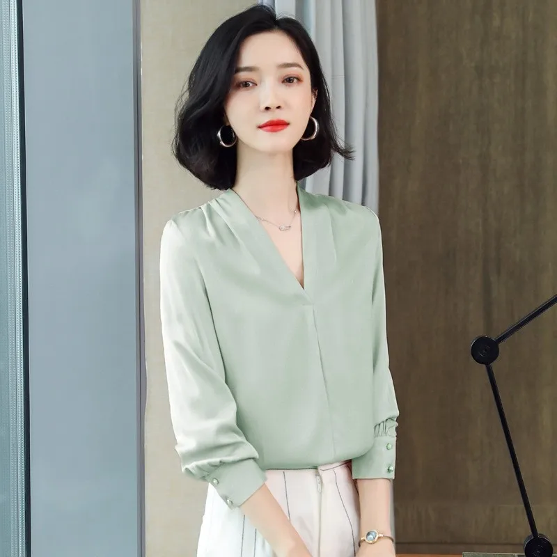 

Ele een Silk irt V-Neline Long Sve Profional Feel Spring Top Silk Women's Faion Gentle Sle