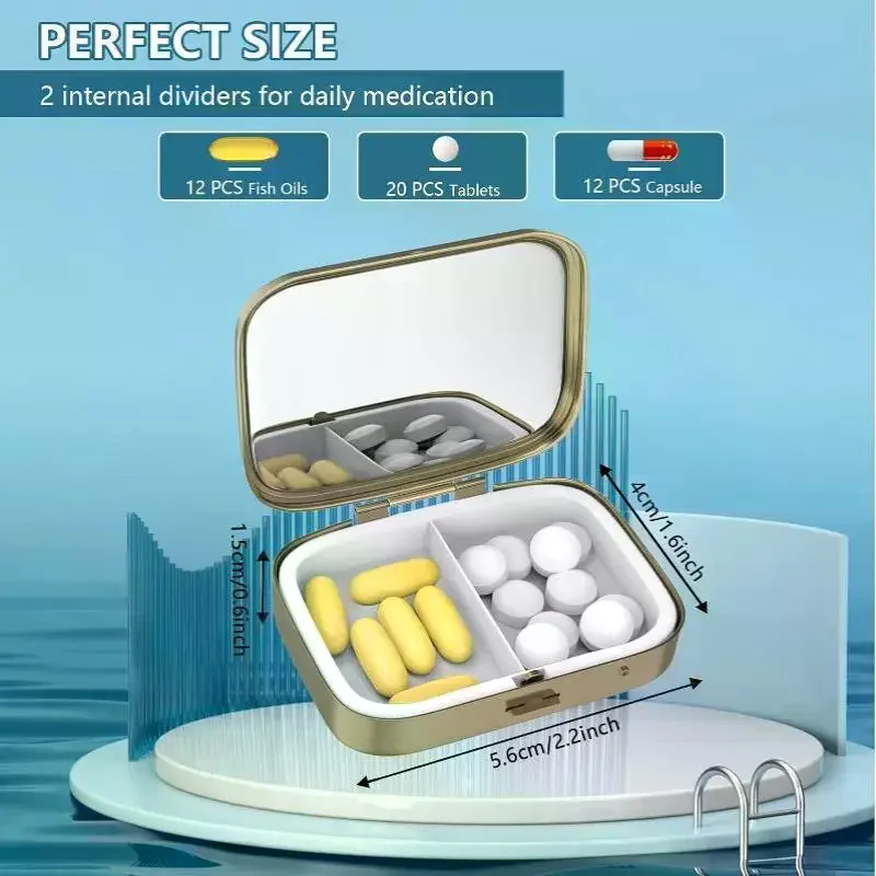 Portable Small Pill Organizer with Mirror BPA Free Waterproof Pill Box Fits Purse Pocket for Gym Workout Medication Carry