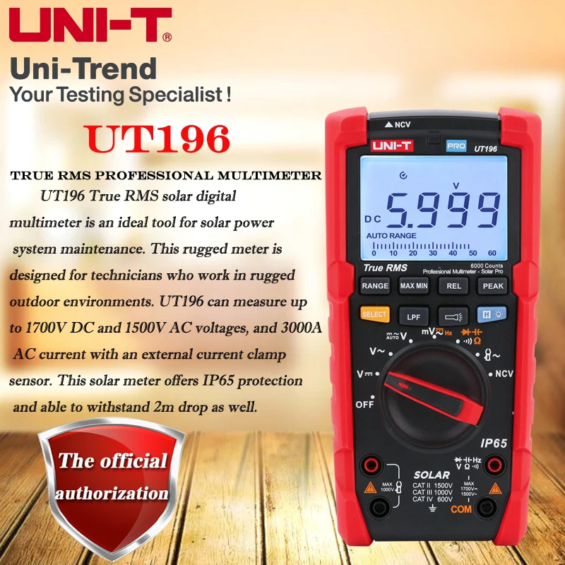 

UNI-T UT196 True RMS High Voltage Photovoltaic Digital Multimeter; Low Pass Filter/Peak/IP65 Protection/DC 1700V/AC 1500V