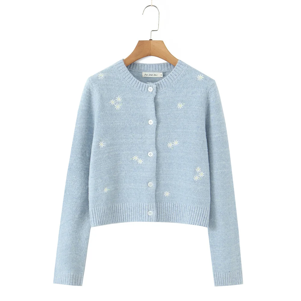 

French girlish retro blue sweet embroidered knitted gentle cardigan round neck simple long sleeved versatile sweater