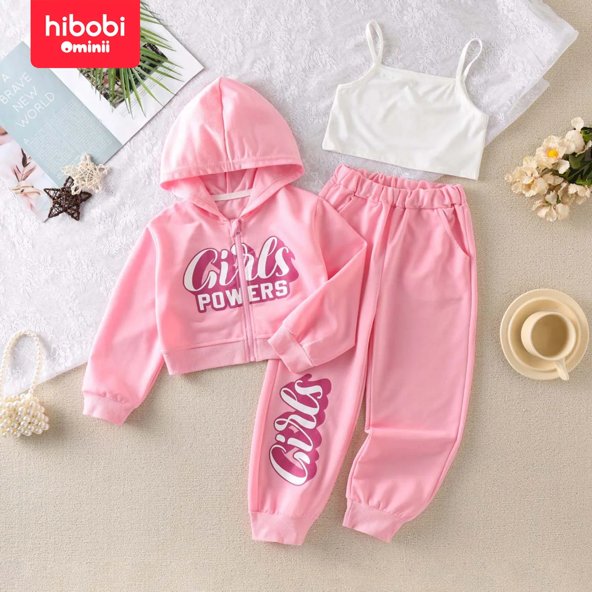 hibobi 3-Piece Girls Spring Sports Hooded Zipper Sweatshirt Pants Suit Fashion Casual Letter Print Sports Suit For 4-9 Years Old