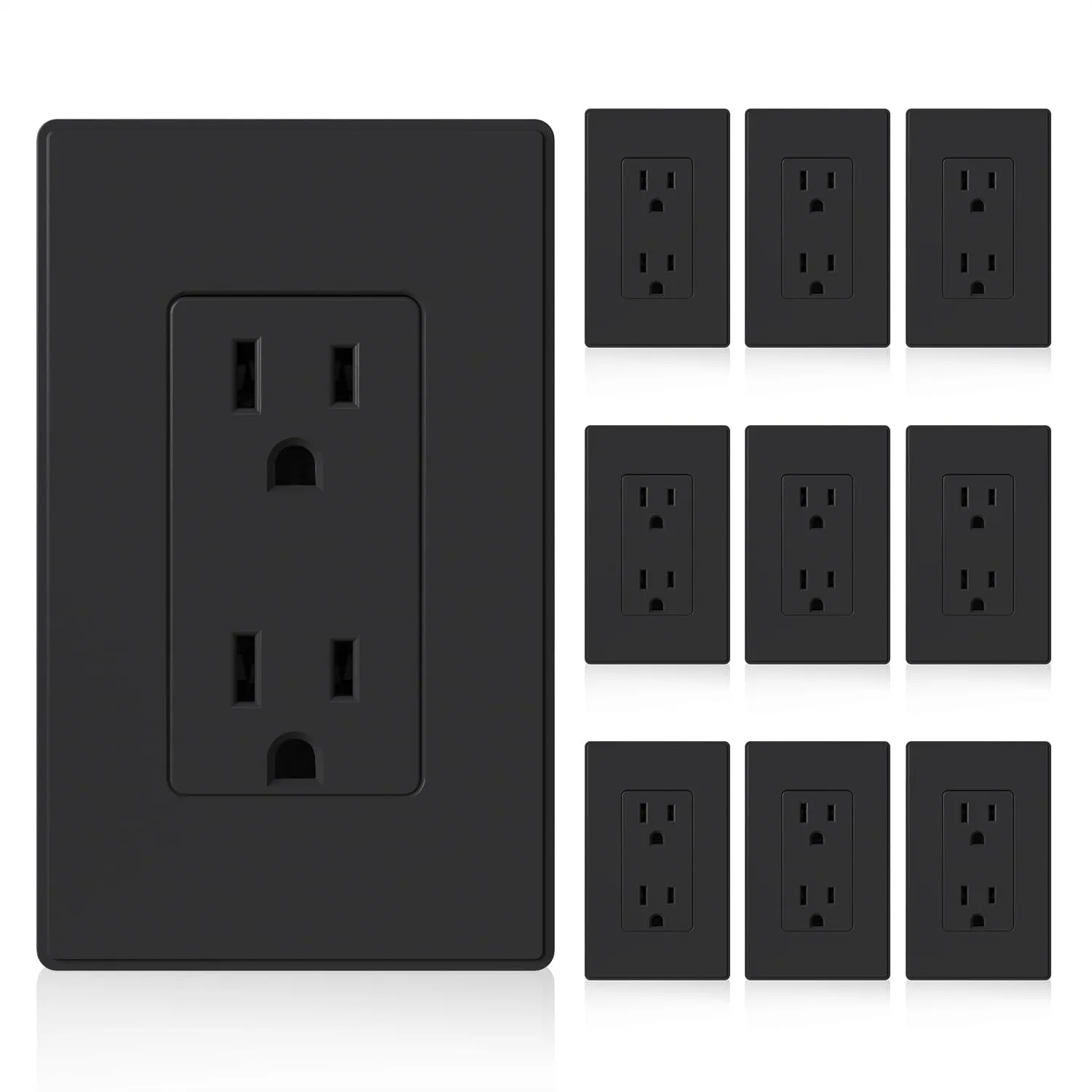 

15A 125V Decorator Wall Outlet, Matte Black, Self-Grounding, UL Listed, 10 Pack with Wall Plates