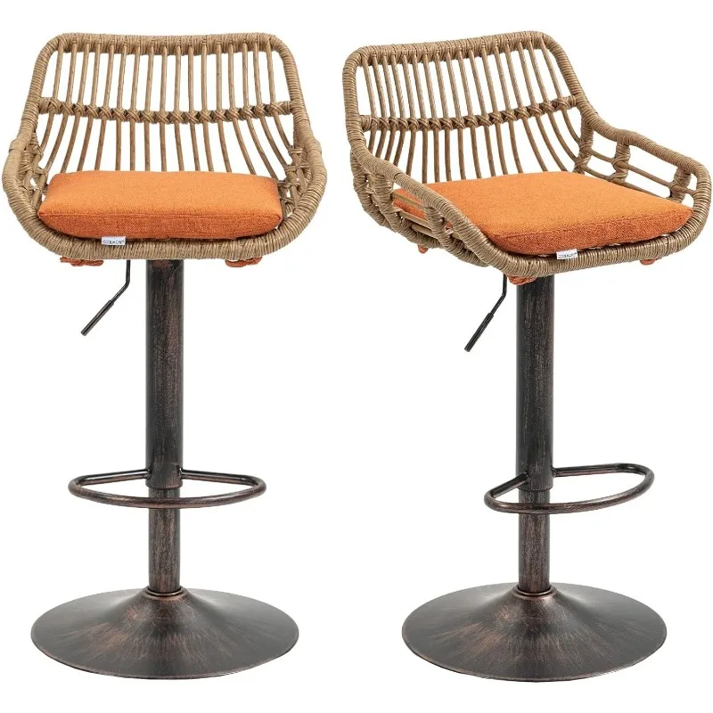 Rattan Bar Stools, Adjustable Barstools with Linen Cushion, 360° Swivel Bar Stool with Low Back & Footrest, Classical Barstool