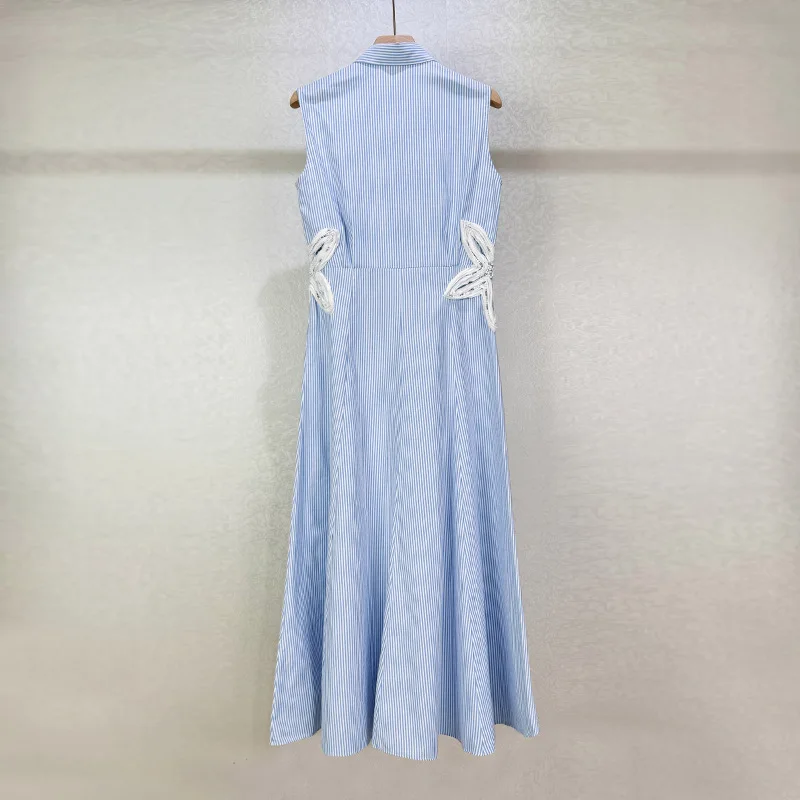 

Hollow Flower Striped Y2k Sleeveless Dress Vacation Style Polo Neck Small-breasted Waist Diamond Decoration Summer New Style