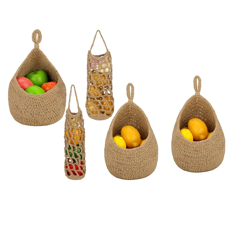 

5 Pcs Hanging Fruit Baskets for Kitchen Hanging Wall Basket Handwoven Potato Storage Baskets for Kitchen Wall