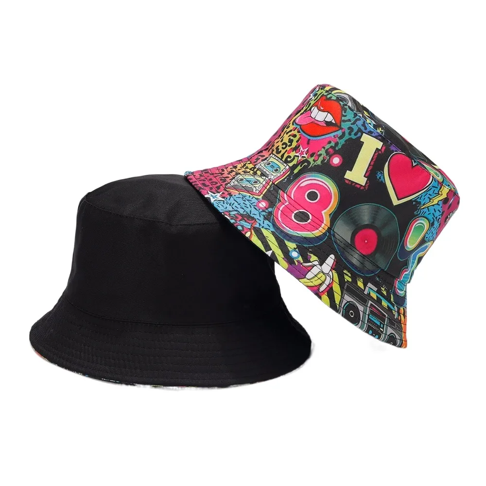 جديد 80s 90s قبعة الصيد الملونة تنفس الشمس قبعة واقية مزدوجة الجانب الهيب هوب نمط طباعة قبعة الصيف