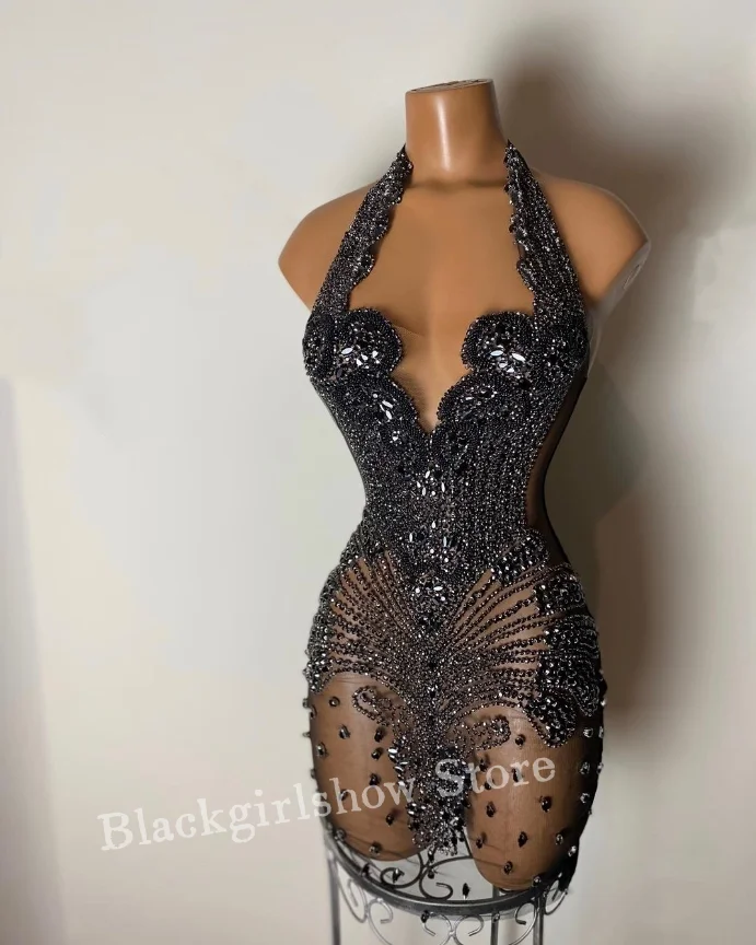 Luxury Black Diamante Short Cocktail Dresses 2024 For Women Shiny Sexy Beaded Applique Birthday Party Formal Dresses