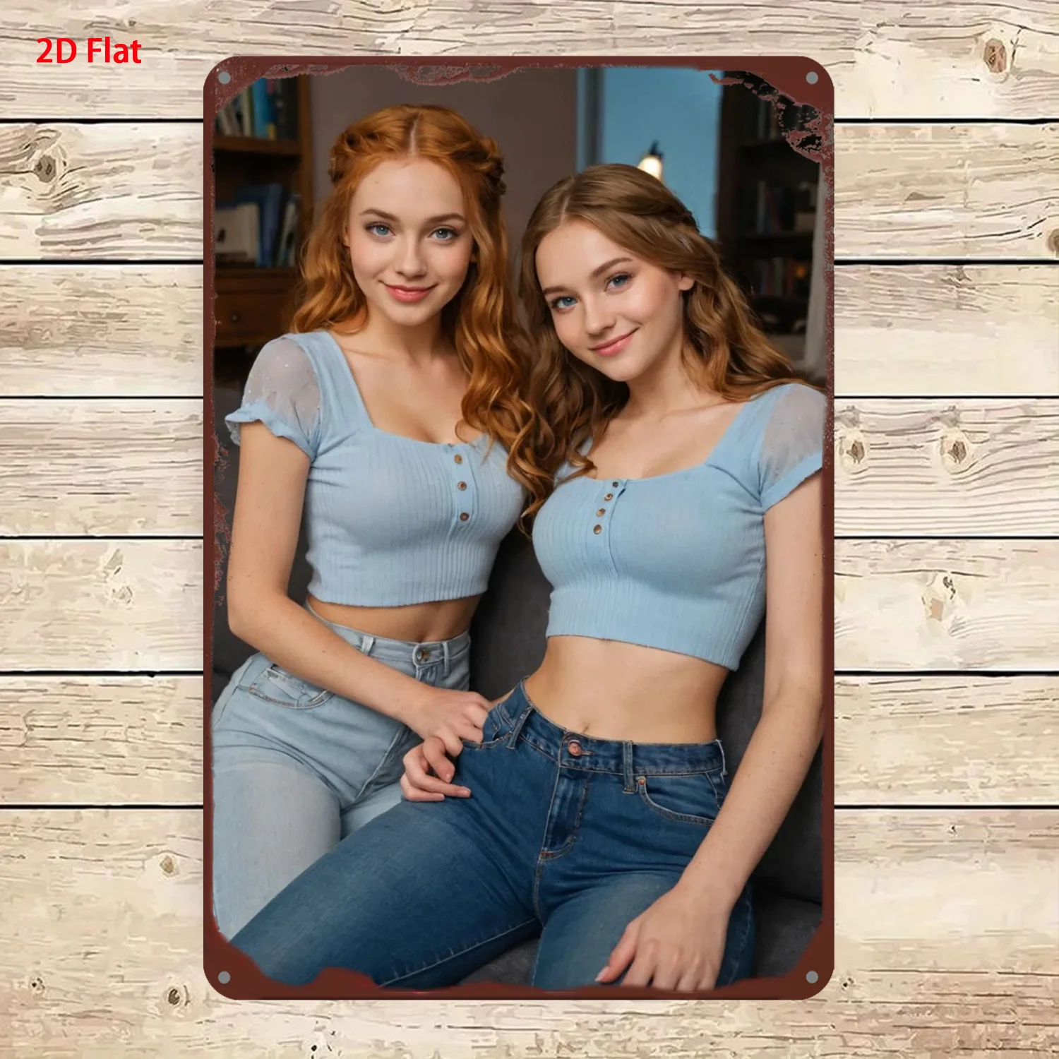 2D Metallschild Modern Retro Beste Freunde in Hellblauen Crop Tops Metall-Blechschild für Zimmer