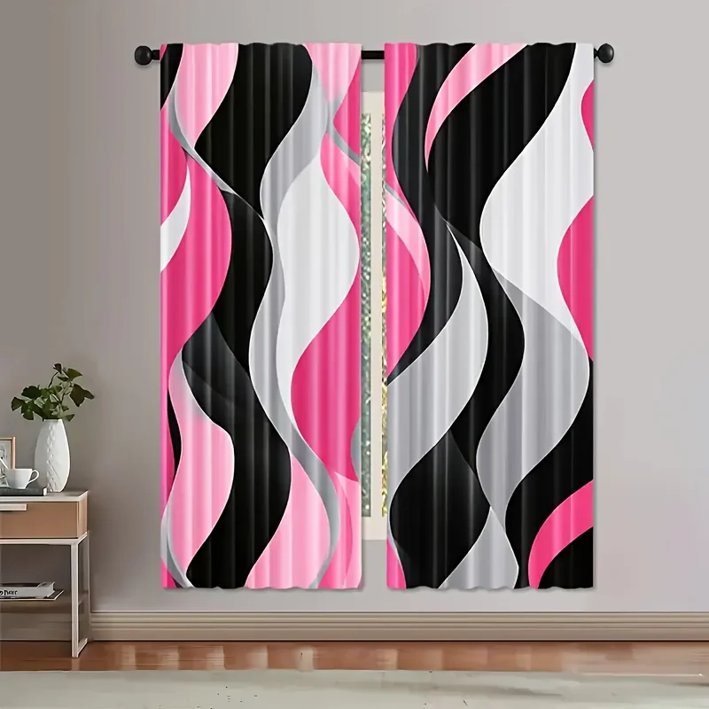 

2Pcs Curtain Pink, Black & Gray Stripe Wave Windows Drapes For Bedroom Living Room Decoration Window Treatment.