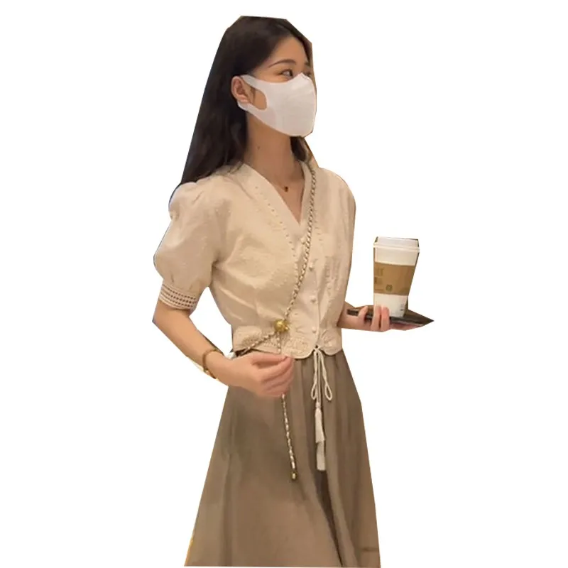 Zomeroutfitset Dames Gentle Salt System Milk Tone Afslanktop f-lengte Rok Tweedelige set Faionable Vrijetijdskleding