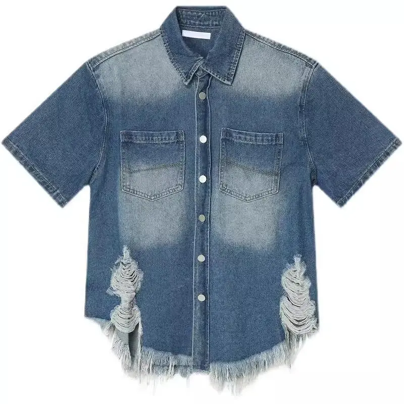 shoulder pad denim short sleeved shirt for men and women in spring/summer loose casual niche design denim jacket